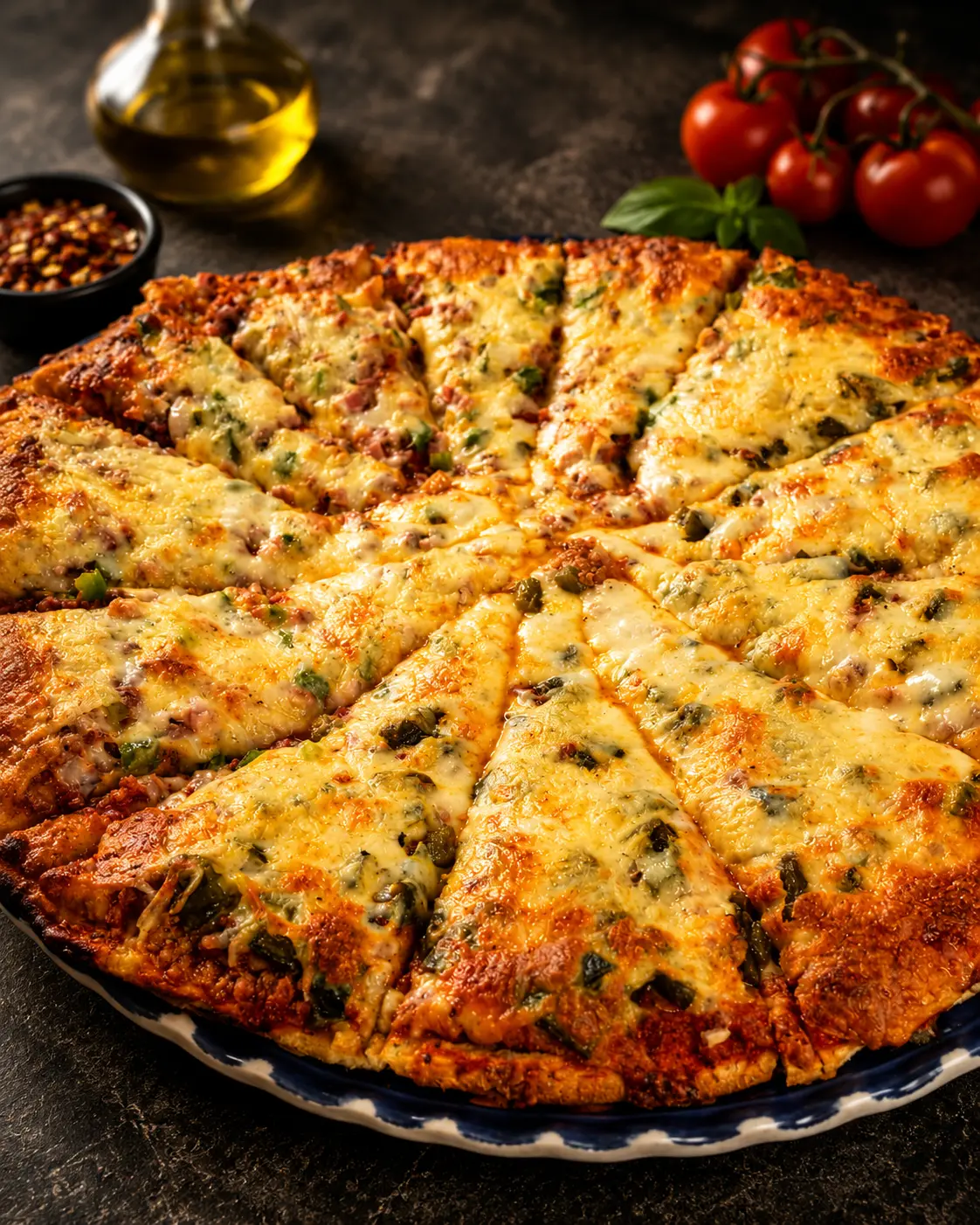 Pizza con carnes y vegetales recién salida del horno