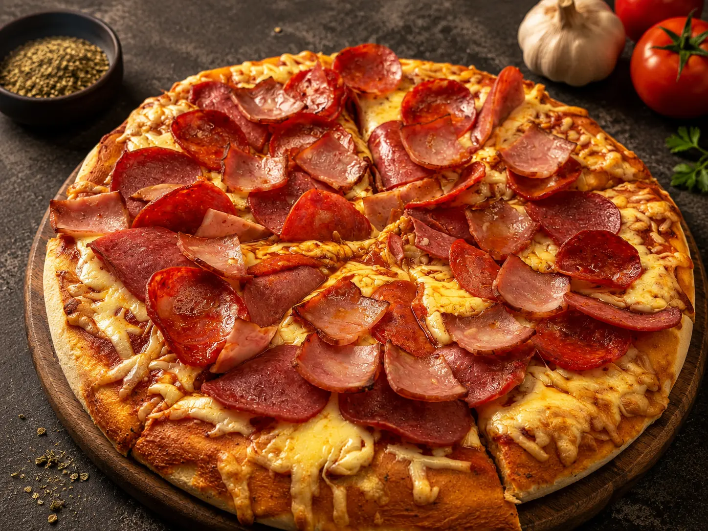 Pizza de pepperoni y jamón recién horneada