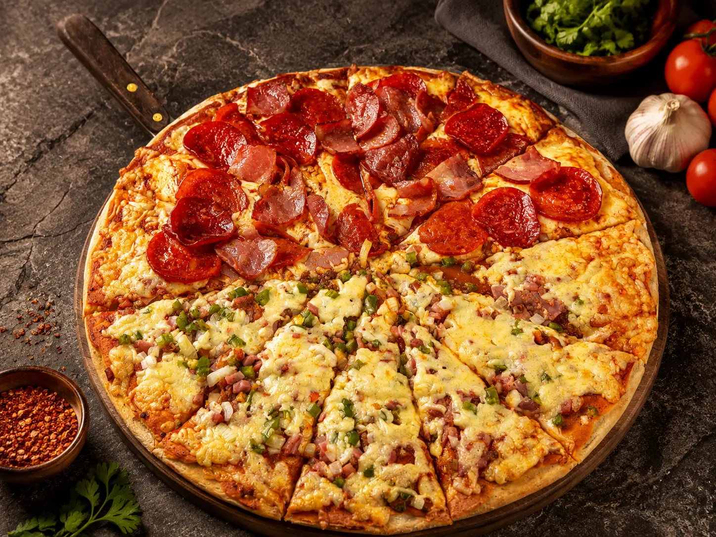 Pizza mitad pepperoni y mitad vegetales